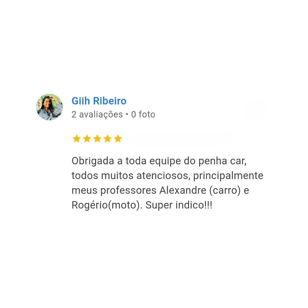 Print de avaliação do Google de Giih Ribeiro elogiando a equipe e os instrutores Alexandre e Rogério
